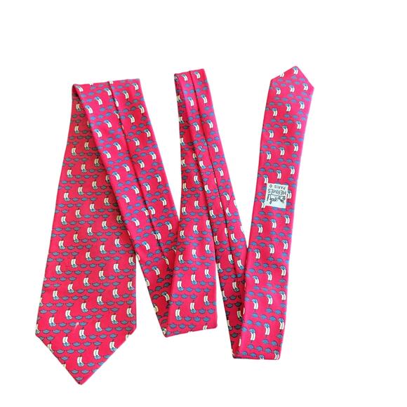 Hermes Men's Classic Tie Nautical Sailboats Red Satin 100% Silk 7130 FA Red Blue - Picture 2 of 8